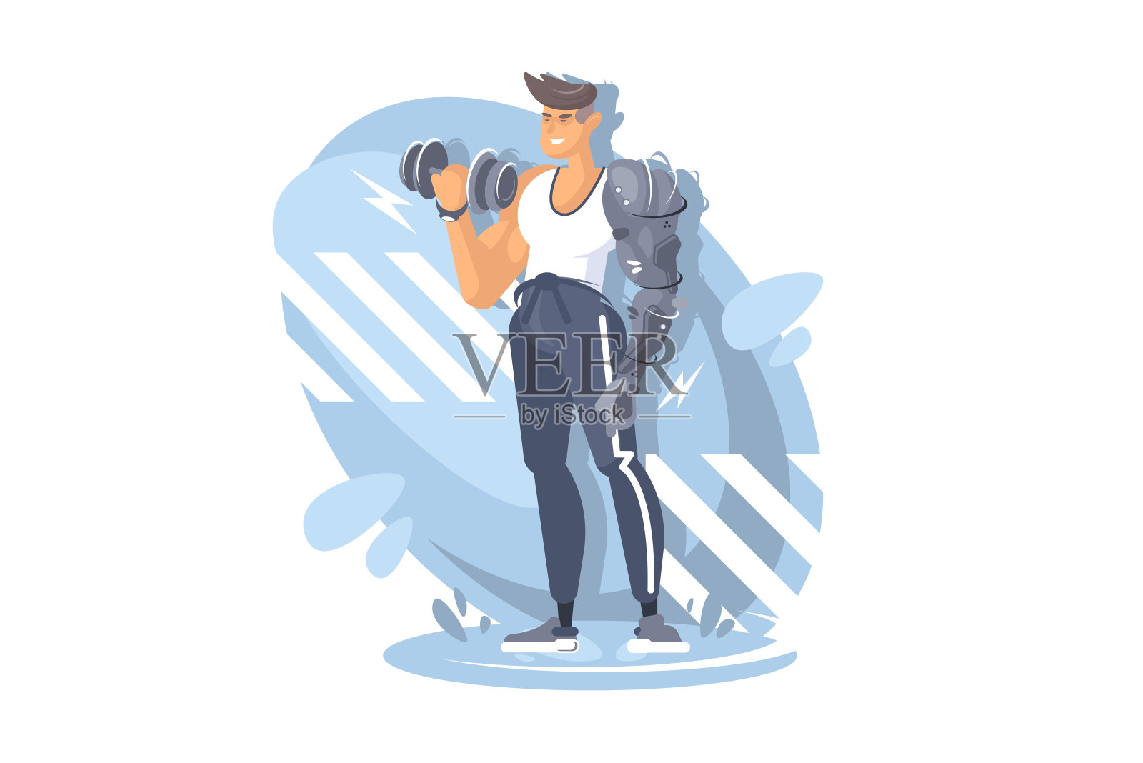 一个年轻的体育运动员在健身房工作。为残疾人设计的机械臂。插画图片素材