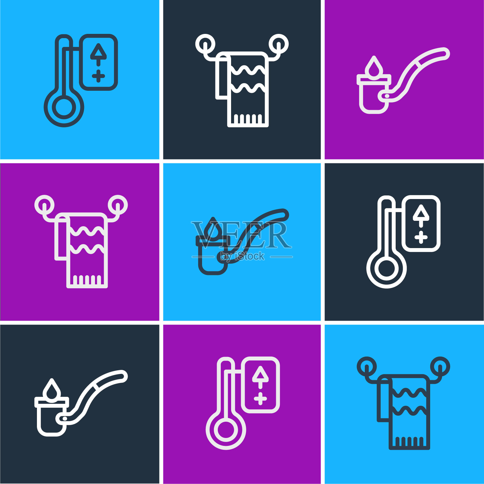 在挂架图标上设置桑拿温度计，勺子和毛巾。向量插画图片素材