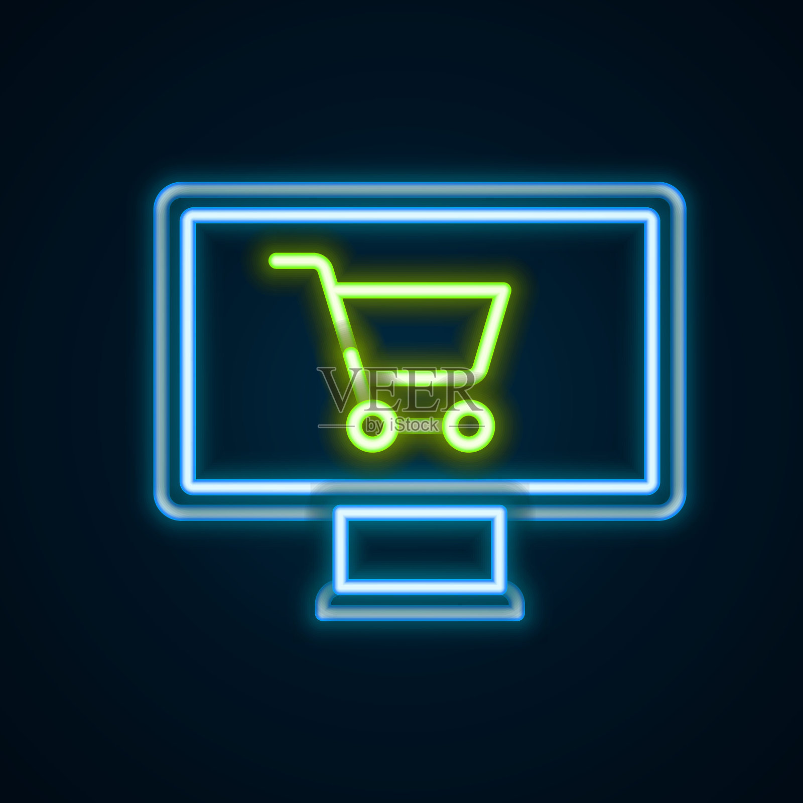 发光的霓虹灯线购物车在显示器图标孤立的黑色背景。概念电子商务，电子商务，网上商务营销。色彩缤纷的轮廓概念。向量插画图片素材