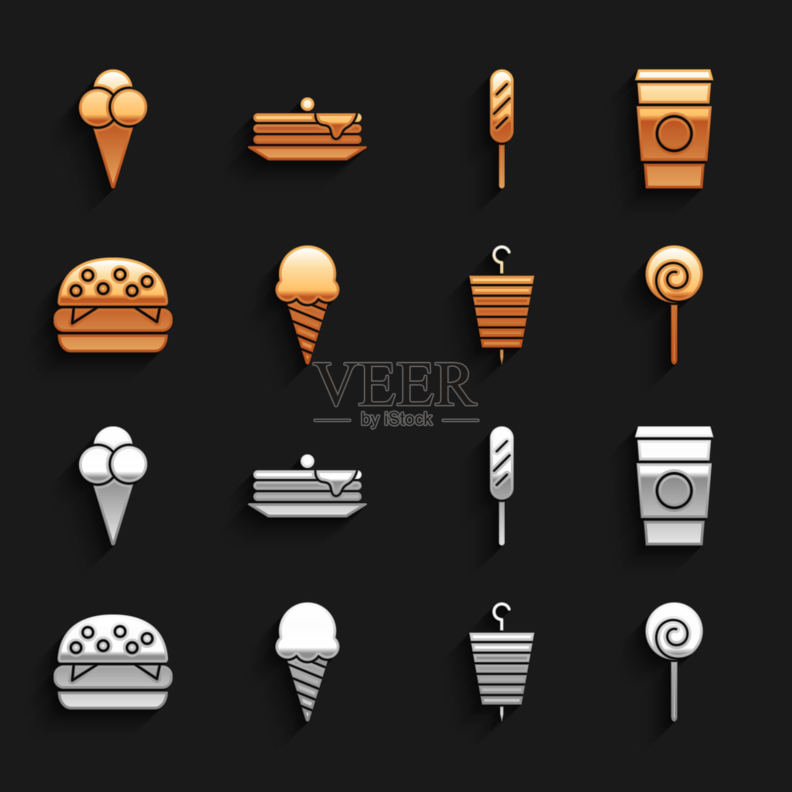设置冰淇淋在华夫蛋筒，咖啡杯带走，棒棒糖，烤羊肉串，汉堡，玉米狗，和堆栈煎饼图标。向量插画图片素材