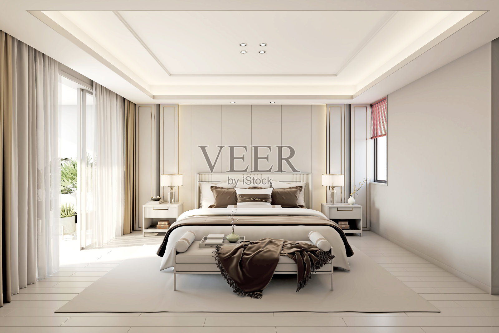 酒店房间，卧室的3d渲染照片摄影图片