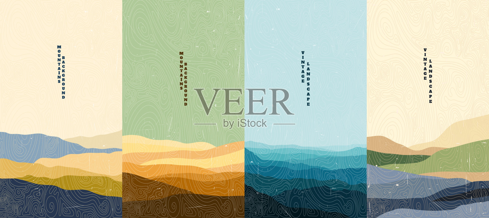 矢量插图。日本线性波型叠加。山地景观背景。亚洲风格。设计传单，代金券，优惠券，礼品卡。刮旧纸效果。复古设计插画图片素材