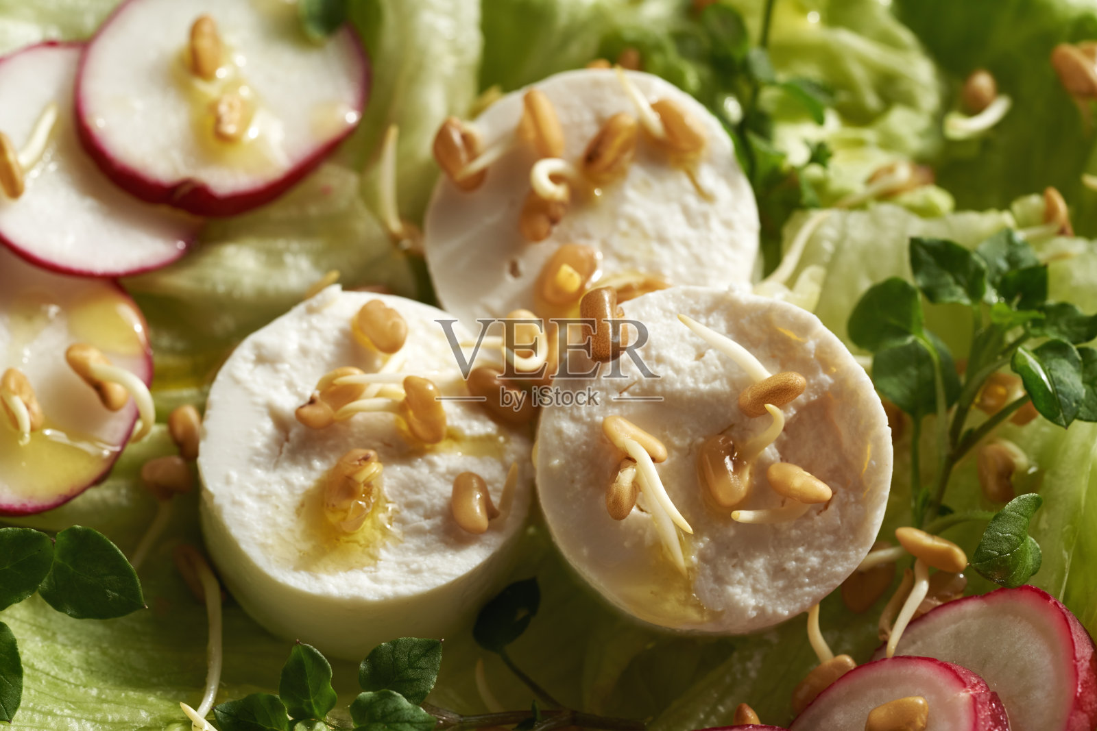 新鲜蔬菜沙拉的特写，有山羊奶酪、葫芦巴芽和鹰嘴豆——春天收获的野生可食用植物照片摄影图片