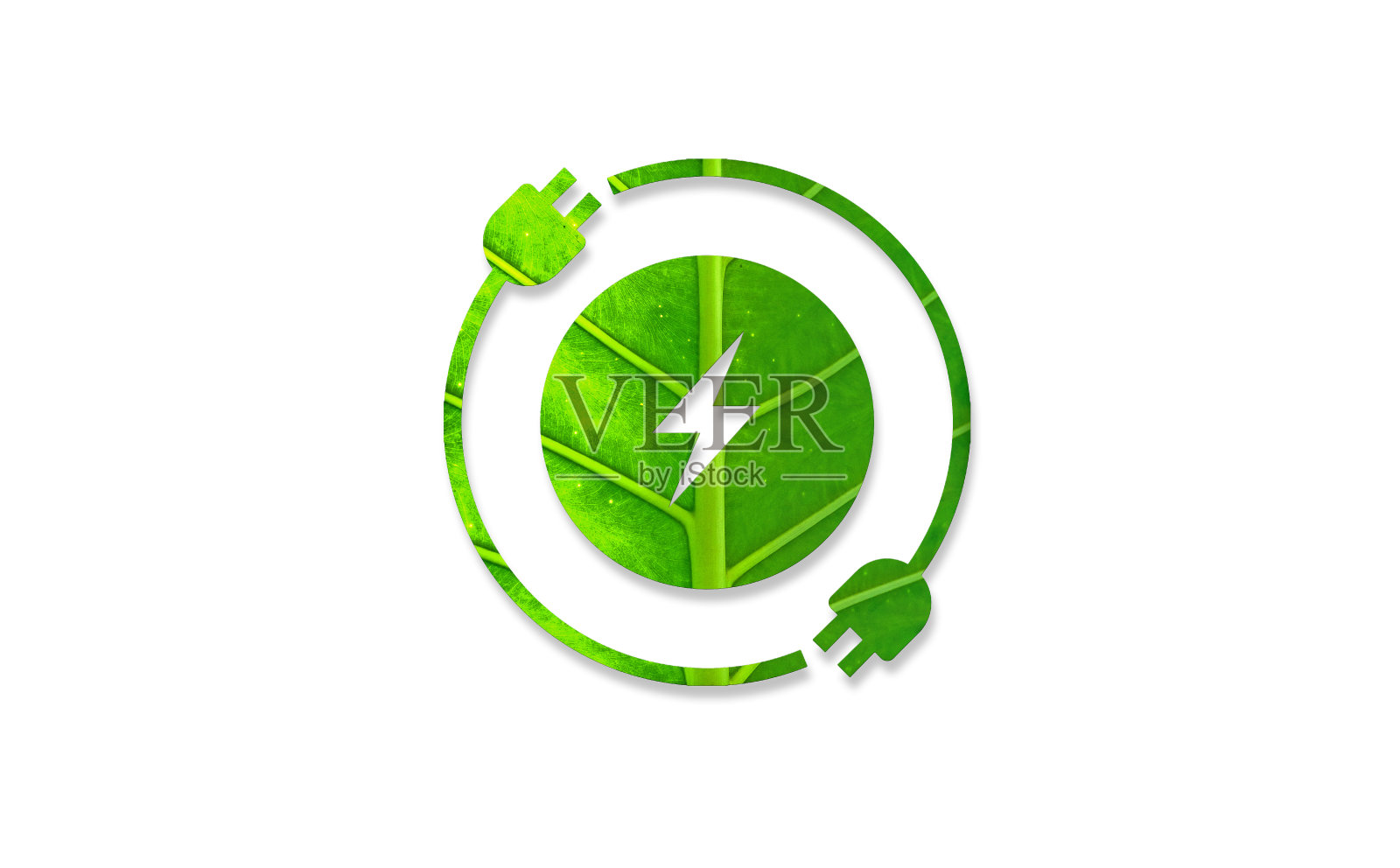 绿色能源图标，生态能源和电动汽车系统概念，白底绿叶。照片摄影图片