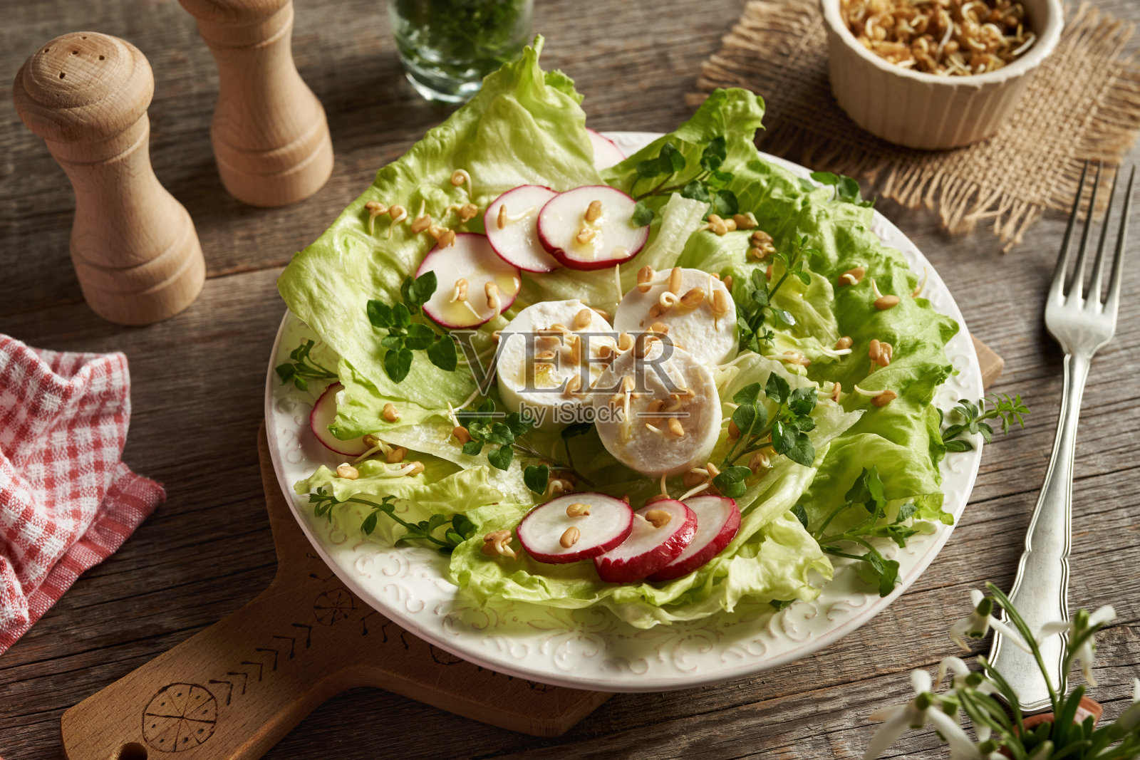 蔬菜沙拉用山羊奶酪，葫芦巴芽和野生可食用植物收集在春天-鹰嘴草和稻草照片摄影图片