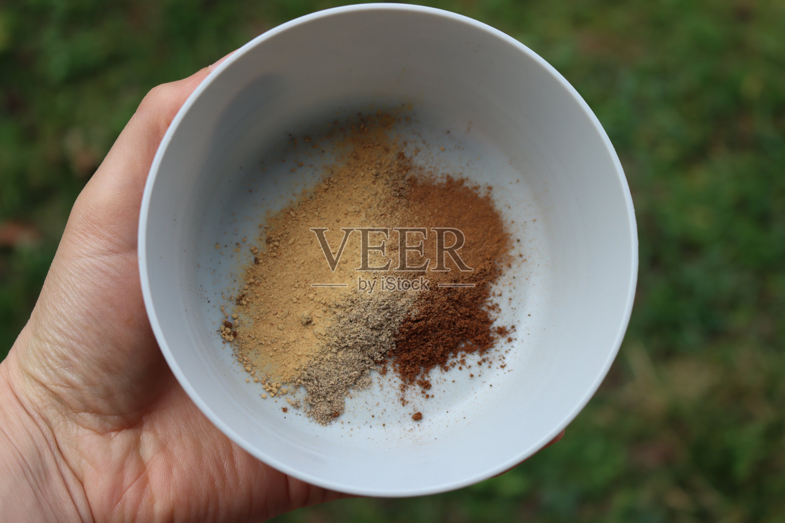 女子手持盛有不同香料的碗，对着草地照片摄影图片