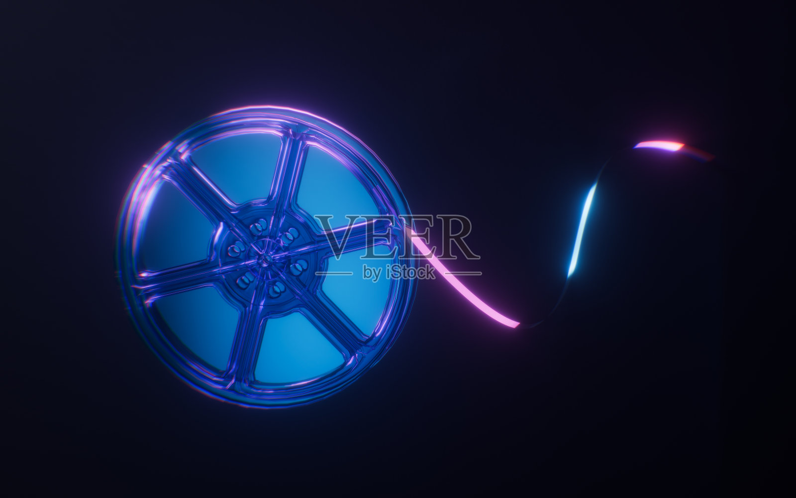 电影放映机电影与黑暗霓虹灯效果，3d渲染。照片摄影图片
