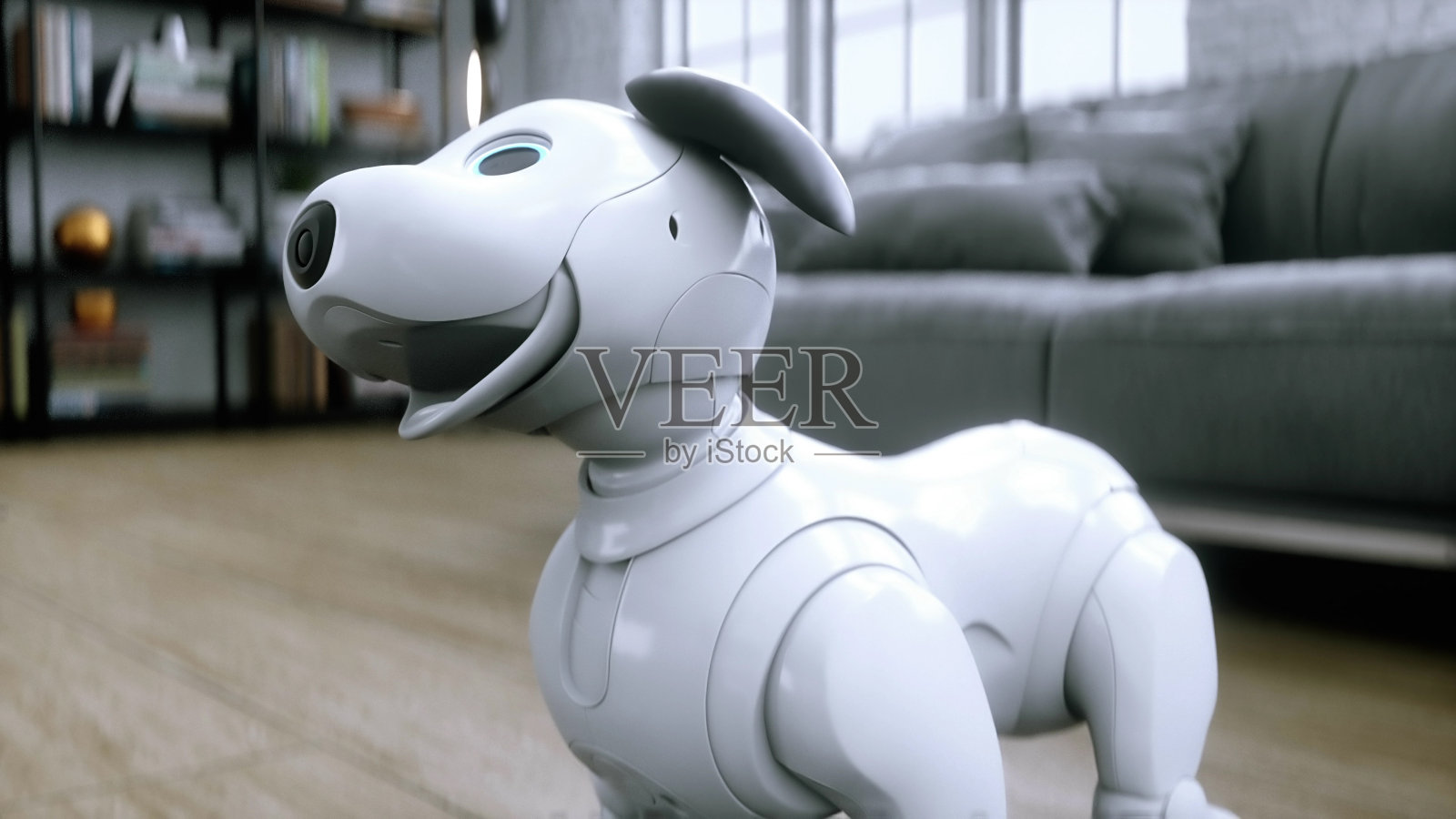 搞笑的小机器狗在房间里醒来。3 d渲染。照片摄影图片