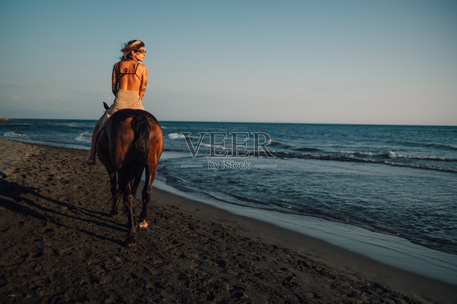 一个女骑手在海滩上骑马的后景。照片摄影图片