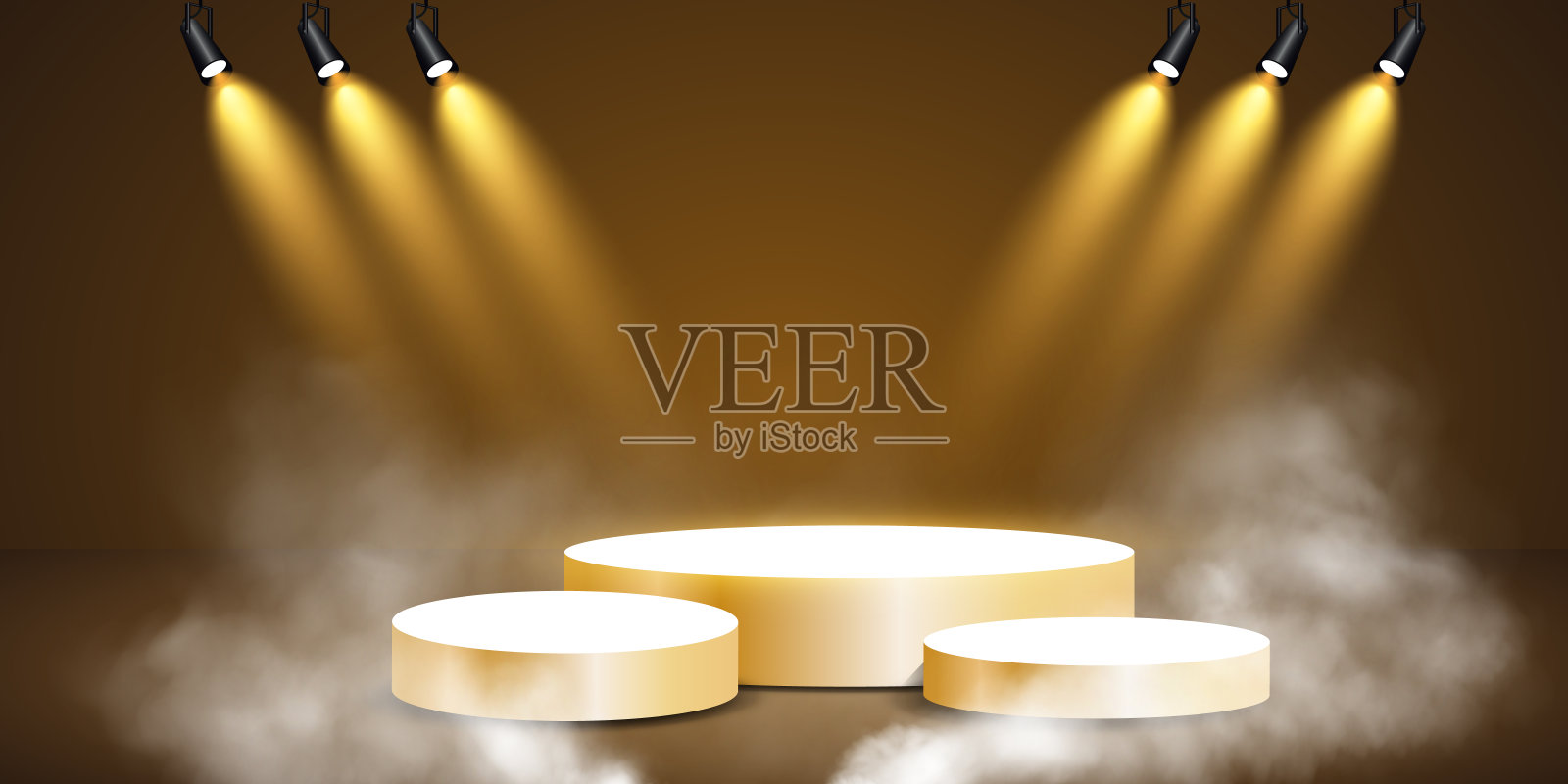 黑暗的舞台，霓虹金色的聚光灯，空荡荡的金色讲台，飘着烟雾的演播室。用于产品演示。插画图片素材