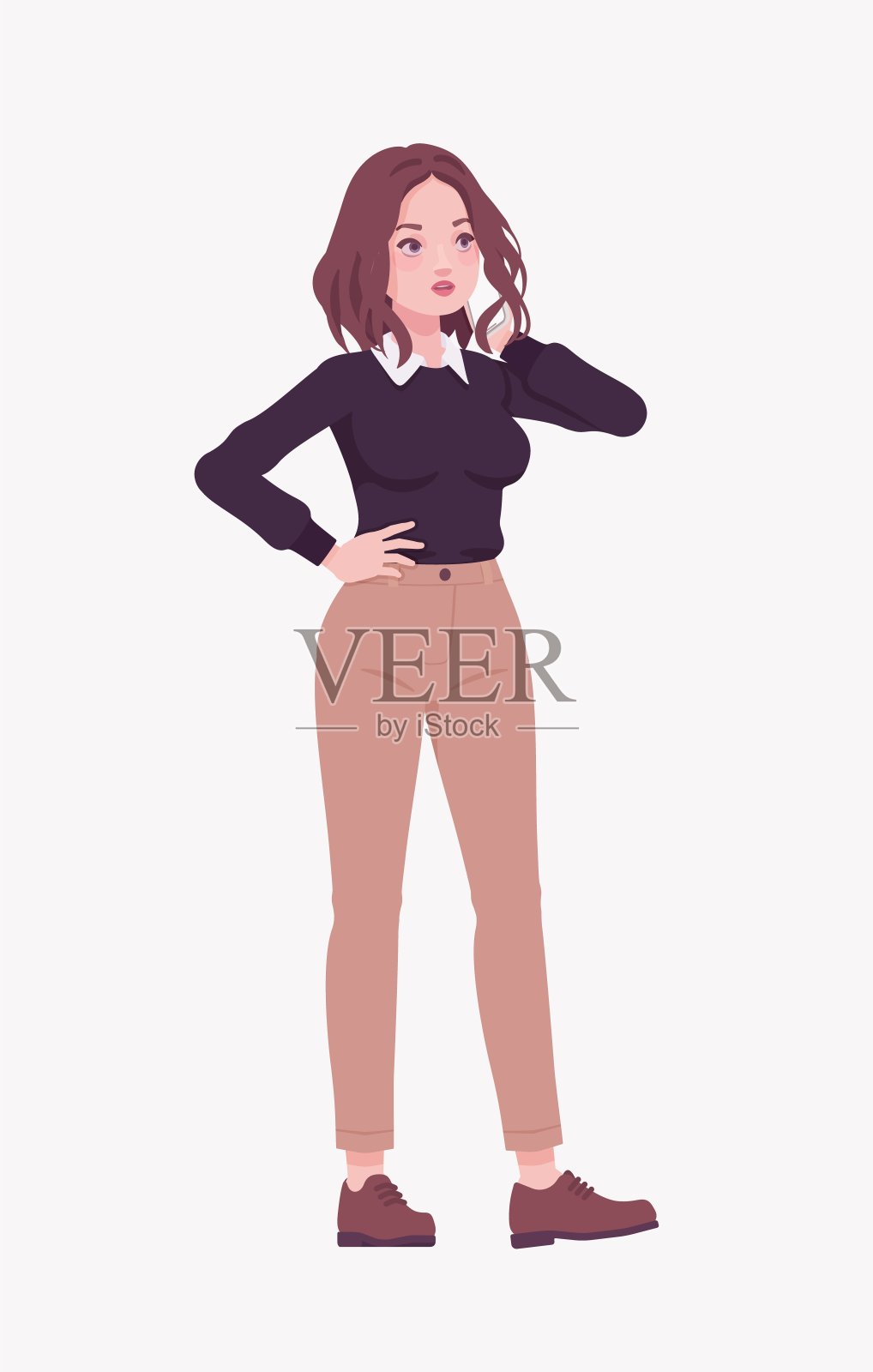 卡通25yo酒皮女人Siena棕色直发黑色毛衣和米色长裤棕色鞋子03wn_Shoes_03插画图片素材