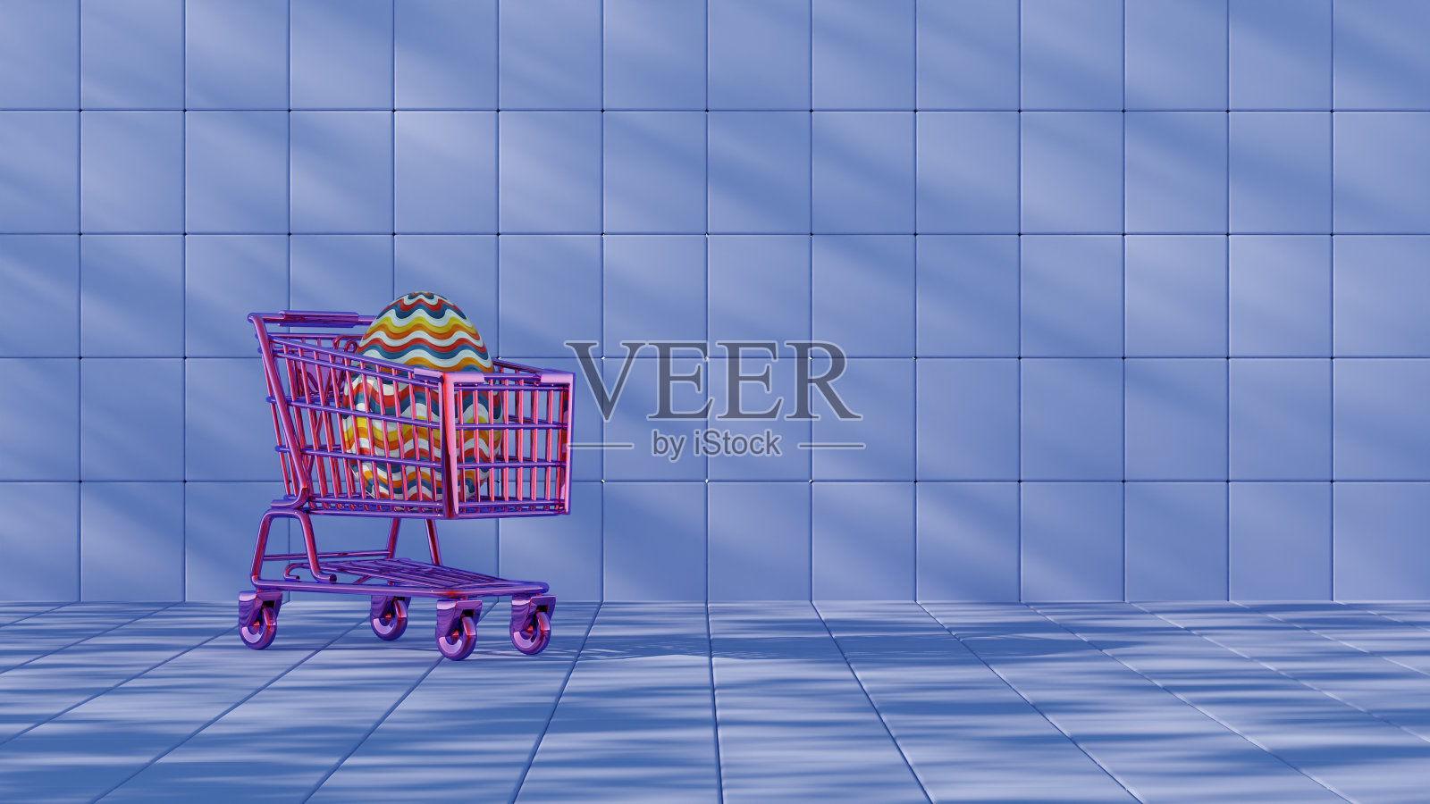 3D极简主义的复活节彩蛋设计，带有复古的波浪图案，伴随着象征节日购物和庆祝的购物车。照片摄影图片