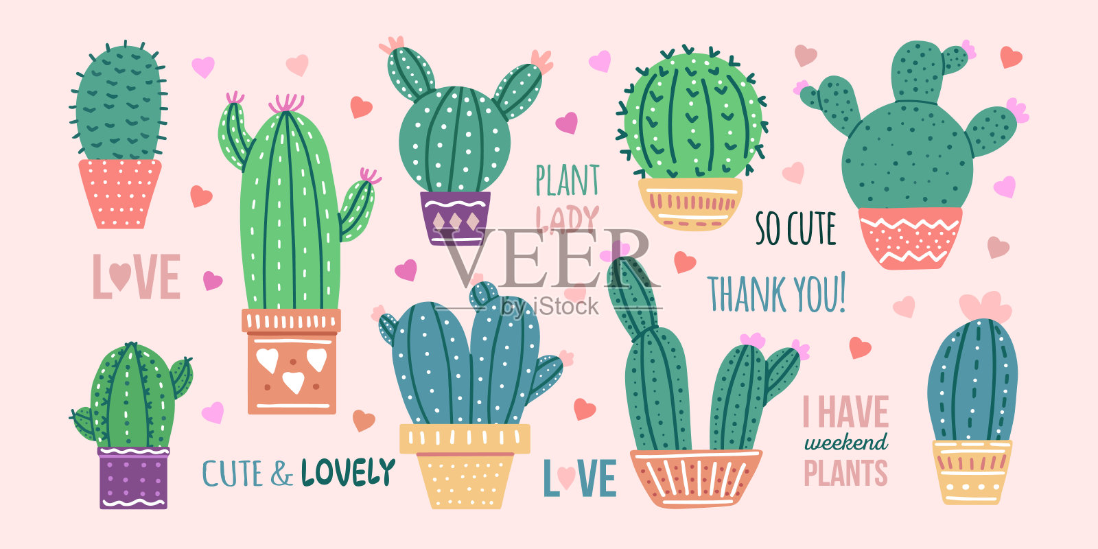 手绘矢量仙人掌集书法，字母。平面风格的平面设计刺植物，盛开的仙人掌，多肉植物在彩色陶瓷花盆。家庭植物，墨西哥仙人掌，旗帜插画图片素材