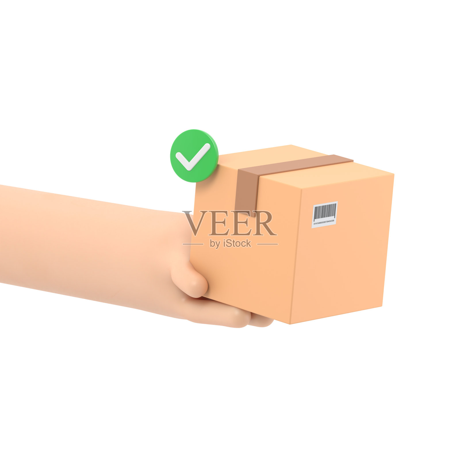 3D手握包裹与检查标记。用纸板箱交付订单。快速交付理念。由信使邮寄。卡通创意设计图标。白色背景3d渲染。照片摄影图片
