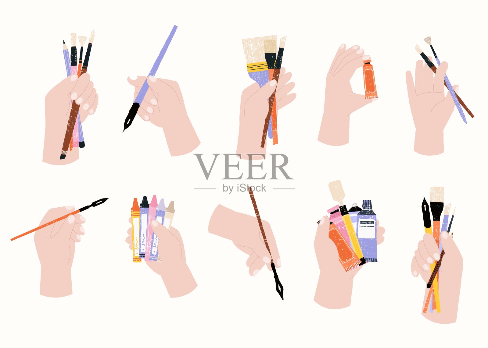 手握刷子。手掌用铅笔和钢笔，艺术家的手指用刷子和颜料管，素描和绘画的概念。向量平坦集插画图片素材