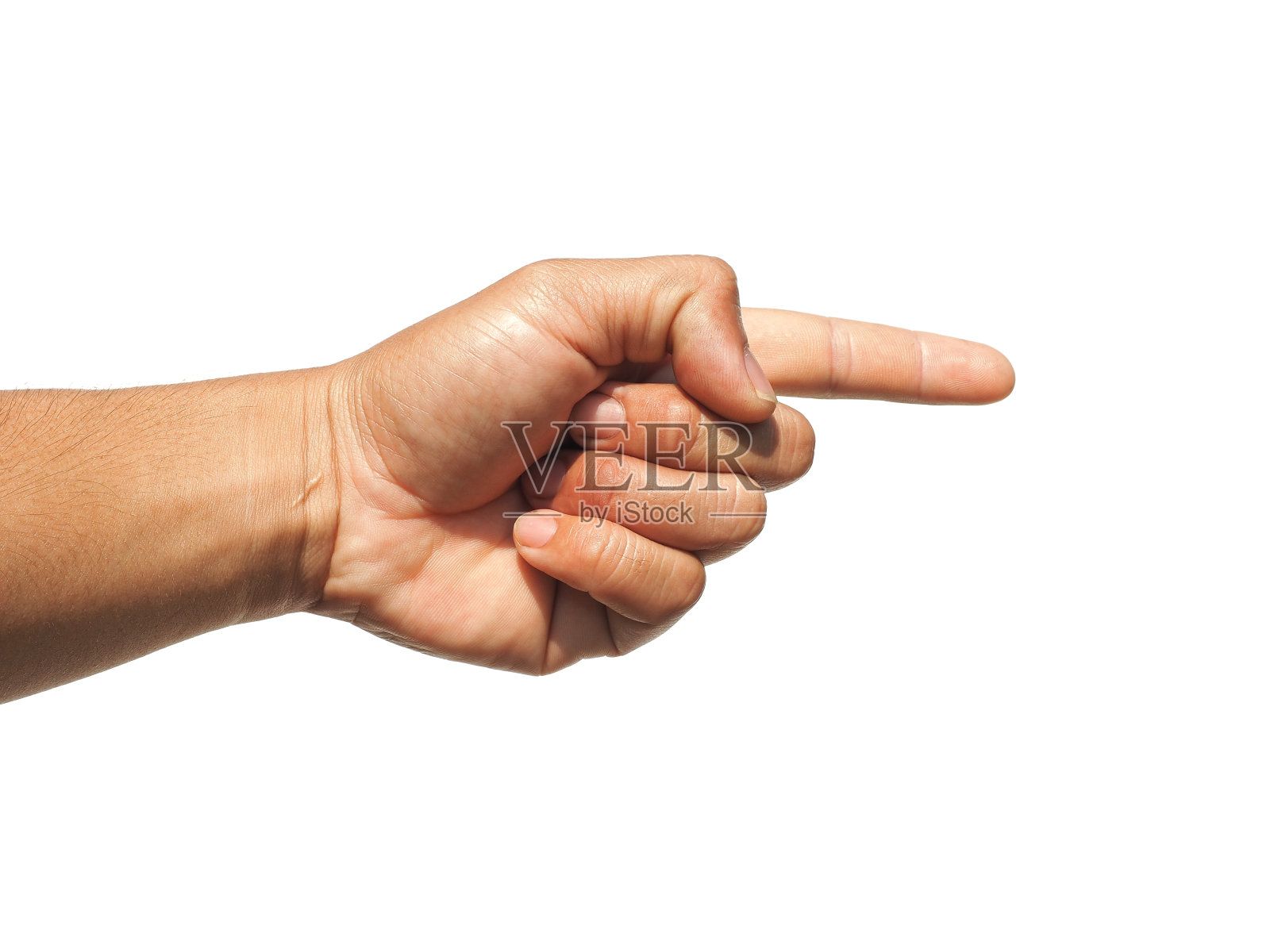 男性的手做了一个指向的手势，孤立在白色背景上。照片摄影图片