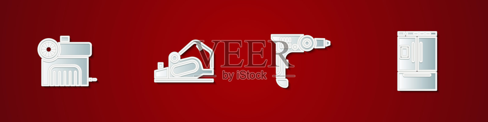 设置空压机，电动刨床工具，钻机和冰箱图标。向量插画图片素材