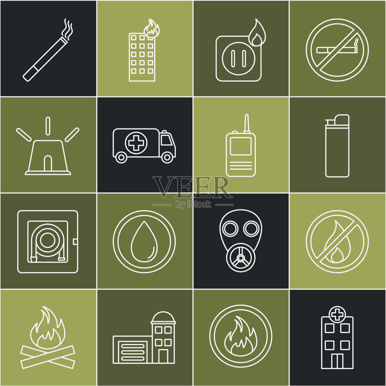 设置线路医疗医院大楼，无火，打火机，插座电线，救护车和急救车，闪光警报器，香烟和对讲机图标。向量插画图片素材