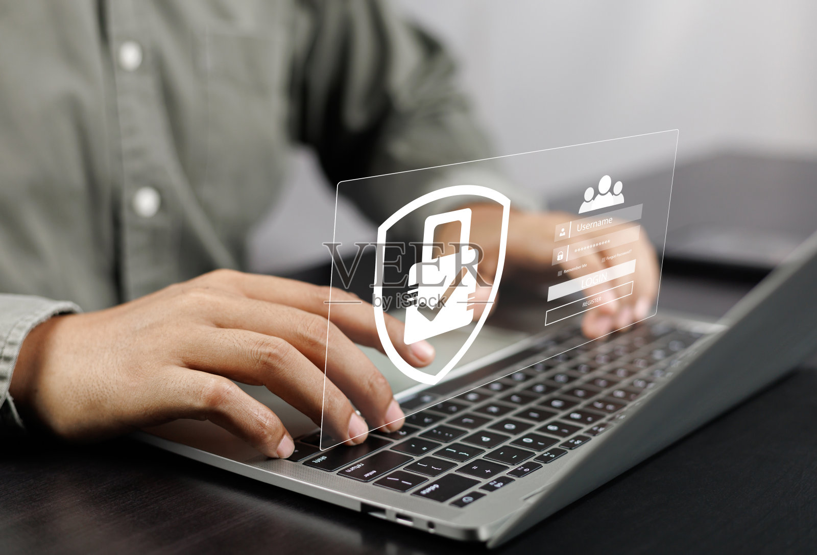 网络安全和隐私概念，用户与一个带有屏幕挂锁装饰的安全登录界面交互。互联网网络安全技术。加密安全，数据保护。照片摄影图片