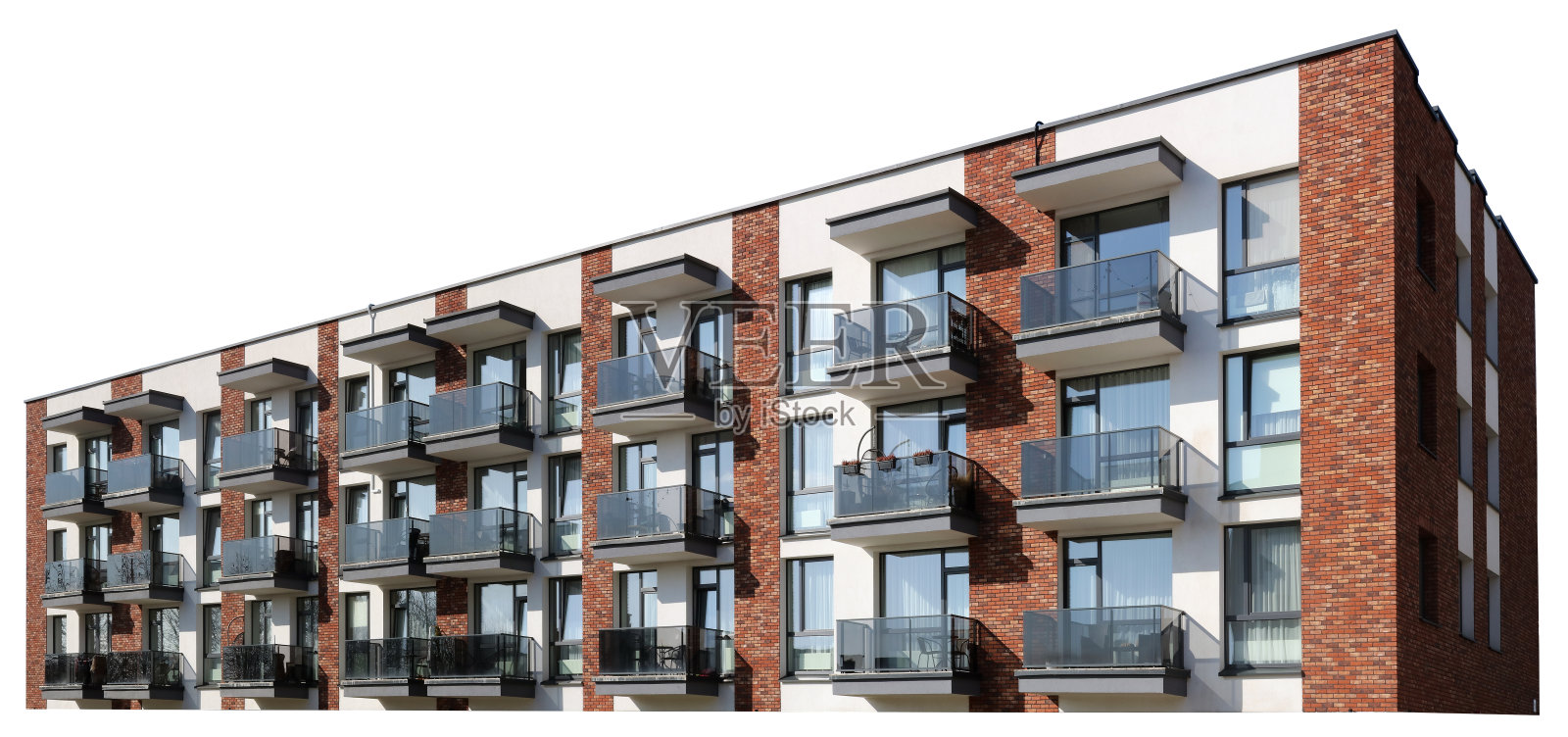 窗户和阳台的红砖标准住宅建筑隔离照片摄影图片