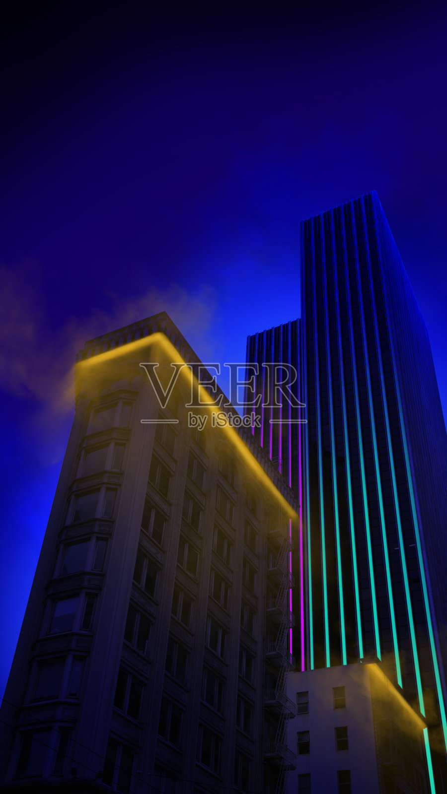 海报，当代艺术拼贴。有摩天大楼和霓虹灯的未来城市。城市街头风格。照片摄影图片