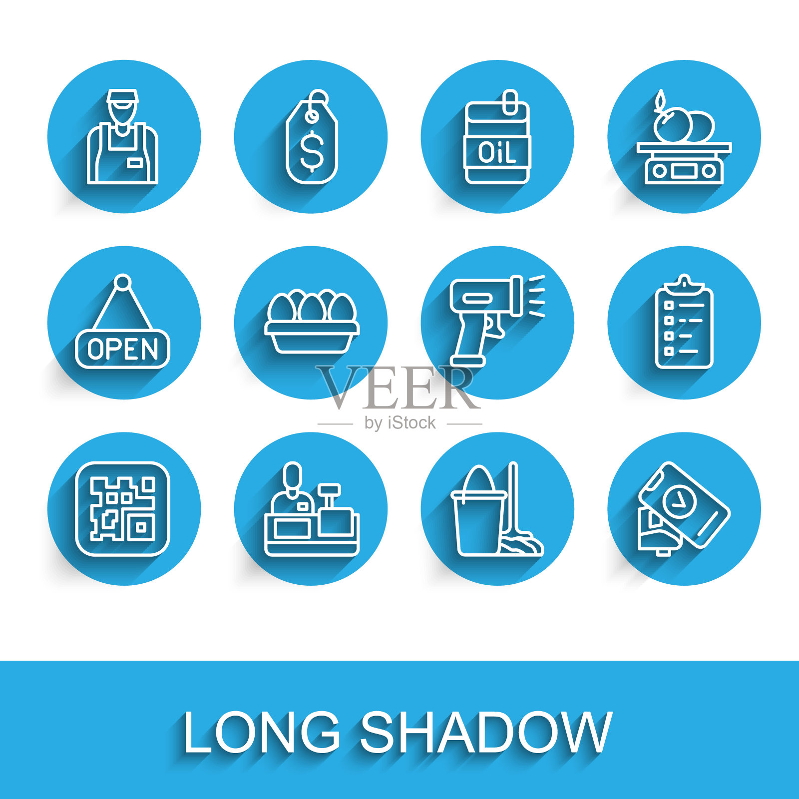 设置线上二维码，收银台收银，卖家，拖把桶，POS终端，鸡蛋盒，购物清单和扫描仪扫描栏图标。向量插画图片素材