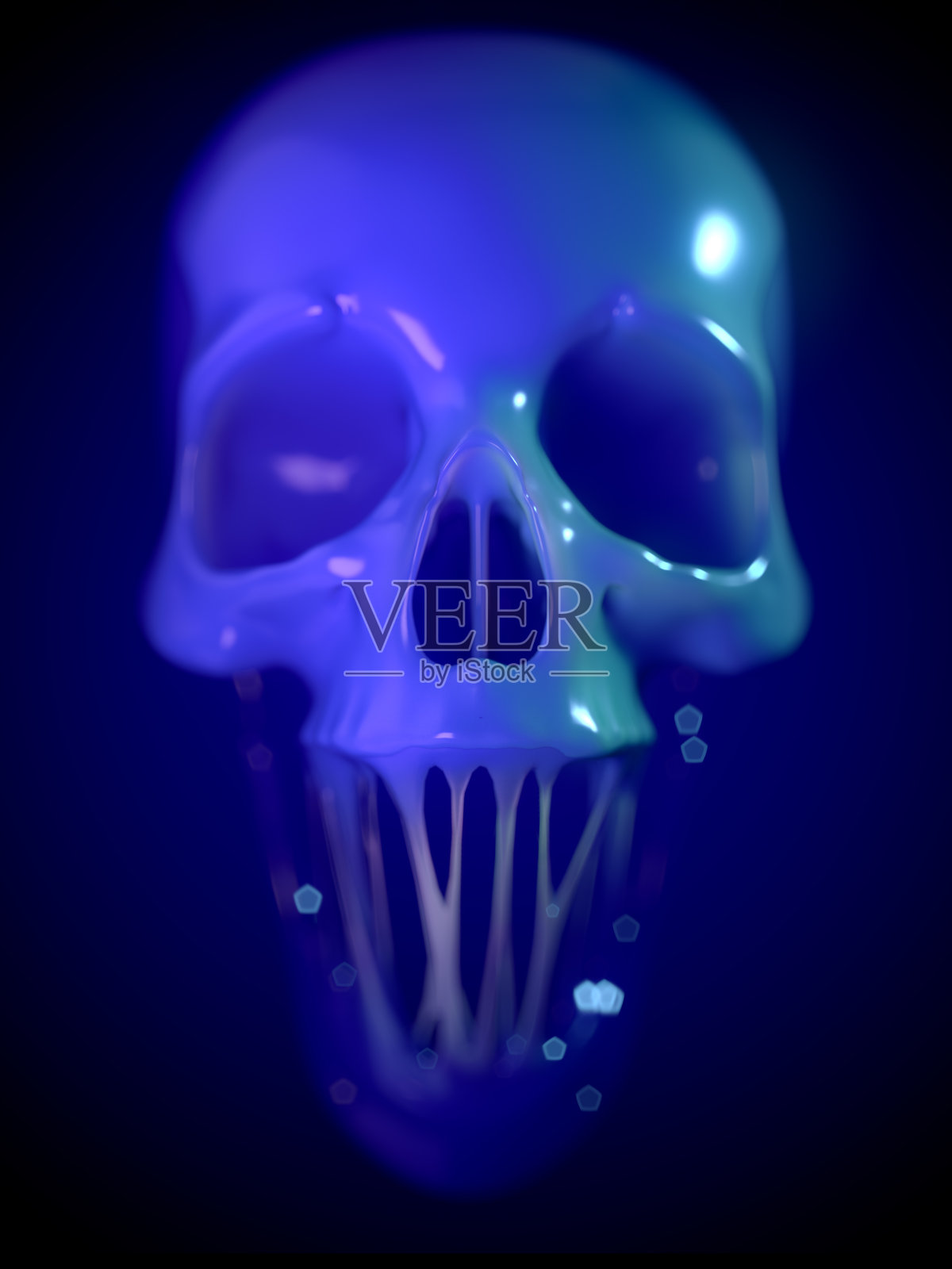 蓝色闪闪发光的头骨口香糖。一种致命甜蜜的意象。抽象的背景。3d渲染广告照片摄影图片
