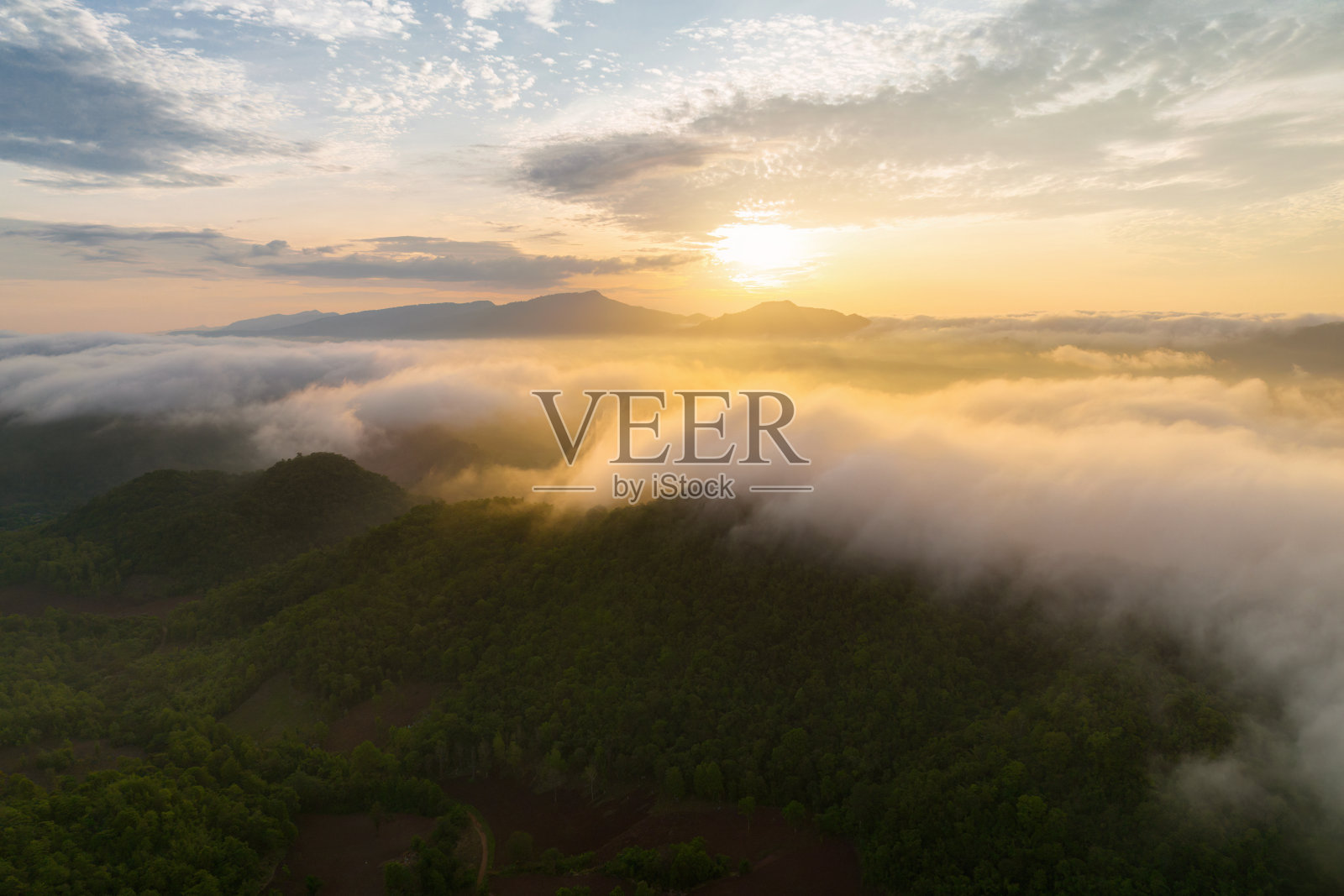 清晨的风景，金色的光线，日出，雾气笼罩着森林。照片摄影图片