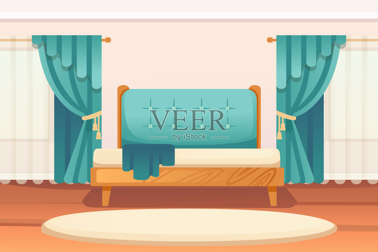 家庭房间内部与床窗户和地毯简单的极简风格矢量插图插画图片素材