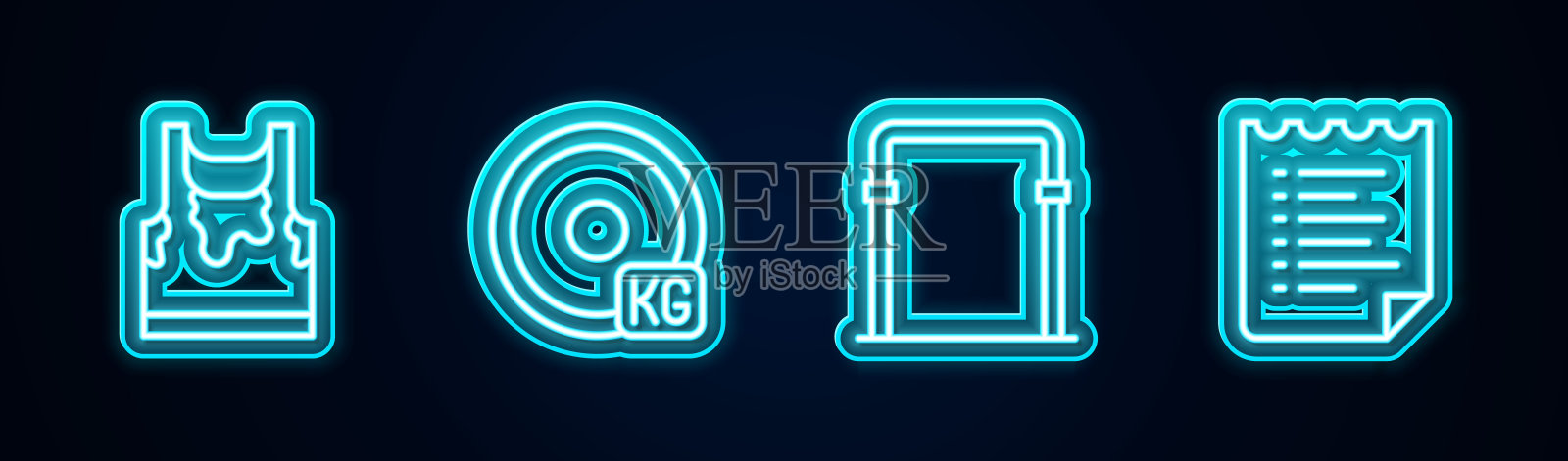 设定路线无袖汗衫，举重板，运动单杠和训练计划。发光的霓虹灯图标。向量插画图片素材