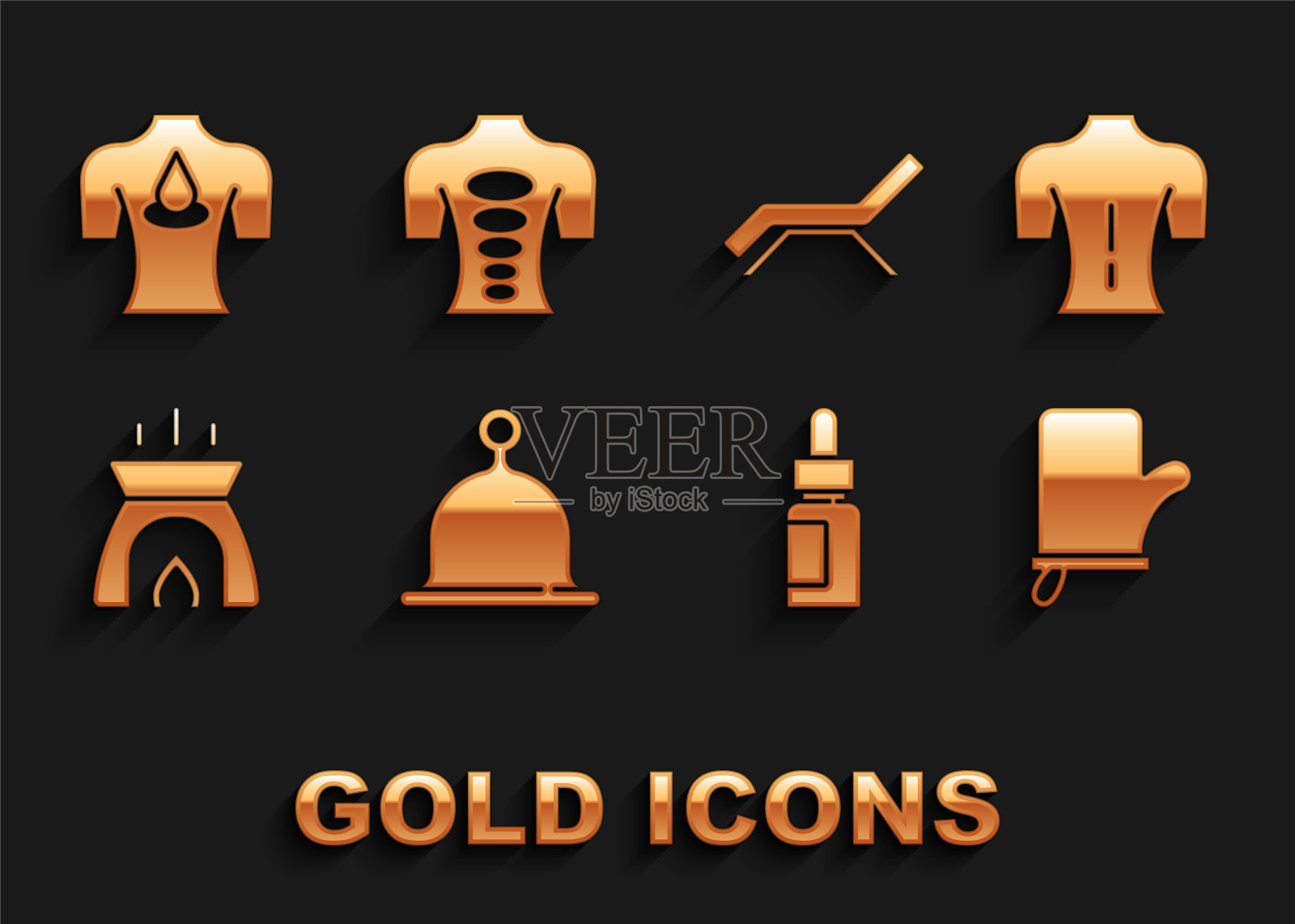 集桑拿帽，按摩，连指手套，精油瓶，芳香蜡烛，日光浴床伞，芳香油和石治疗图标。向量插画图片素材