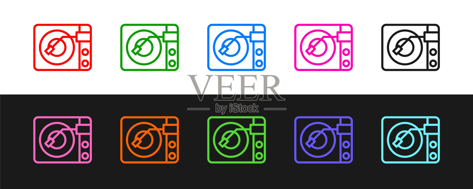 设置线黑胶播放器与黑胶磁盘图标隔离在黑白背景。向量插画图片素材