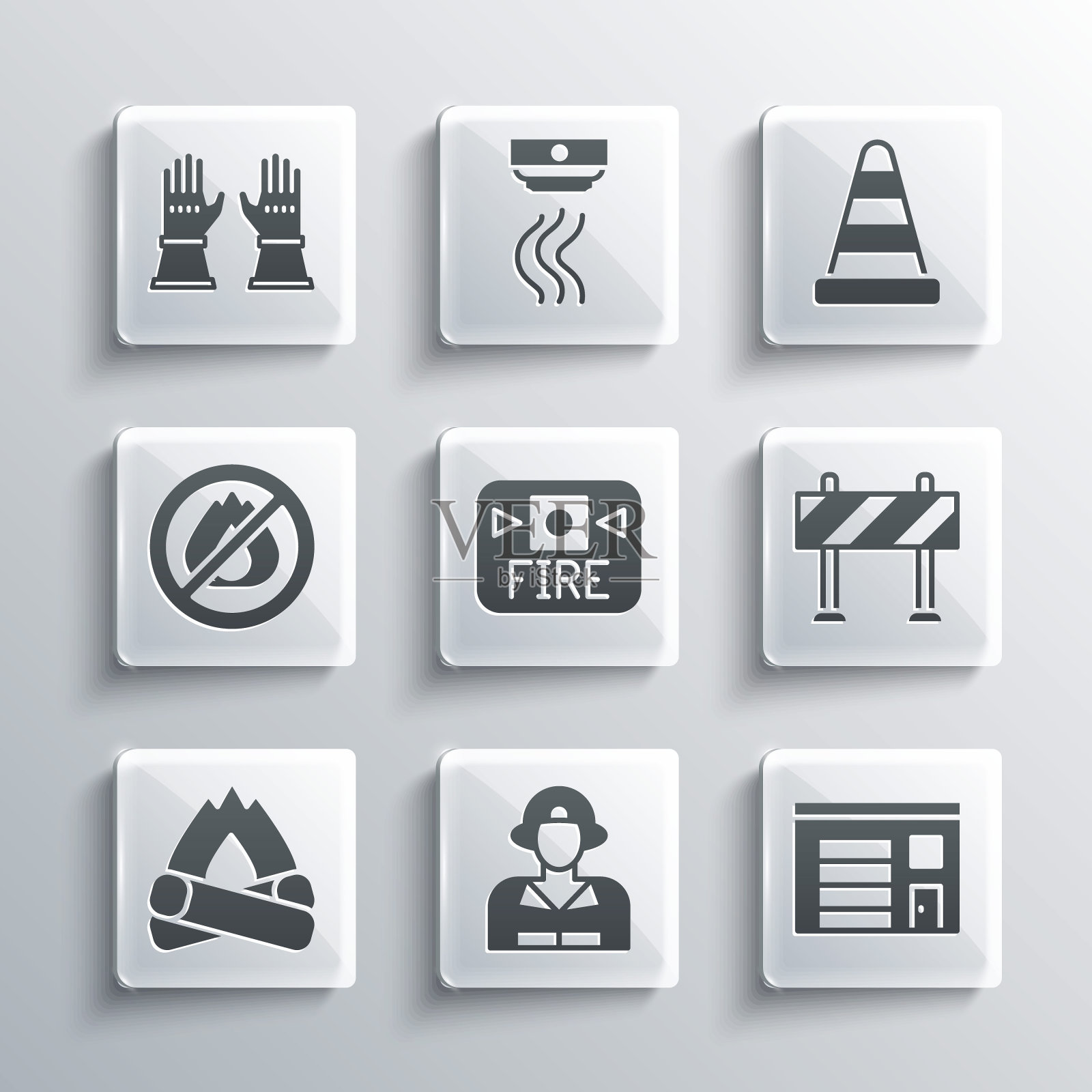 设置消防员，消防站建筑，道路屏障，报警系统，营火，No，手套和交通锥图标。向量插画图片素材