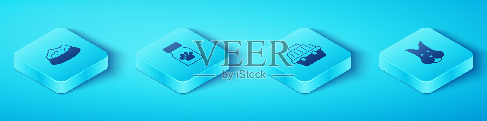 设置等距宠物食品碗的猫或狗，药瓶和药丸，狗和手提箱图标。向量插画图片素材