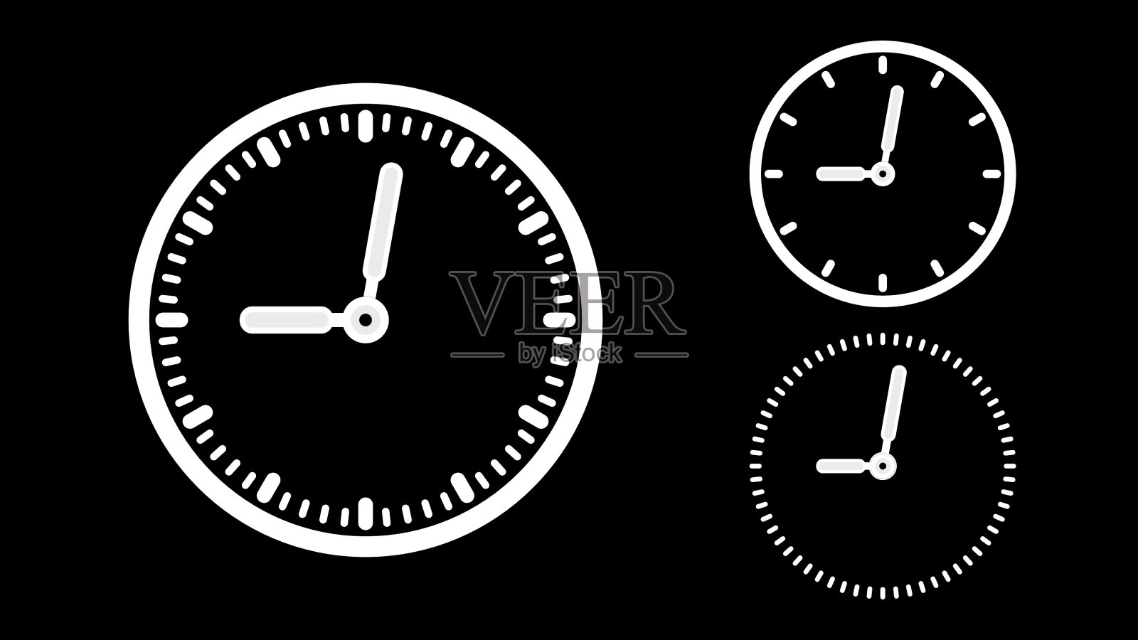 时钟图标，简约风格。白色的时钟，黑色的背景插画图片素材