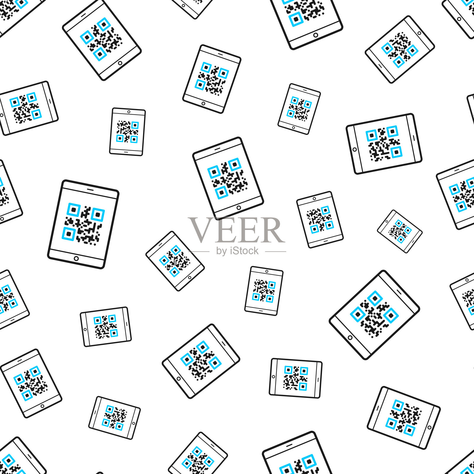 二维码平板电脑。无缝模式。白色背景上的线条图标插画图片素材