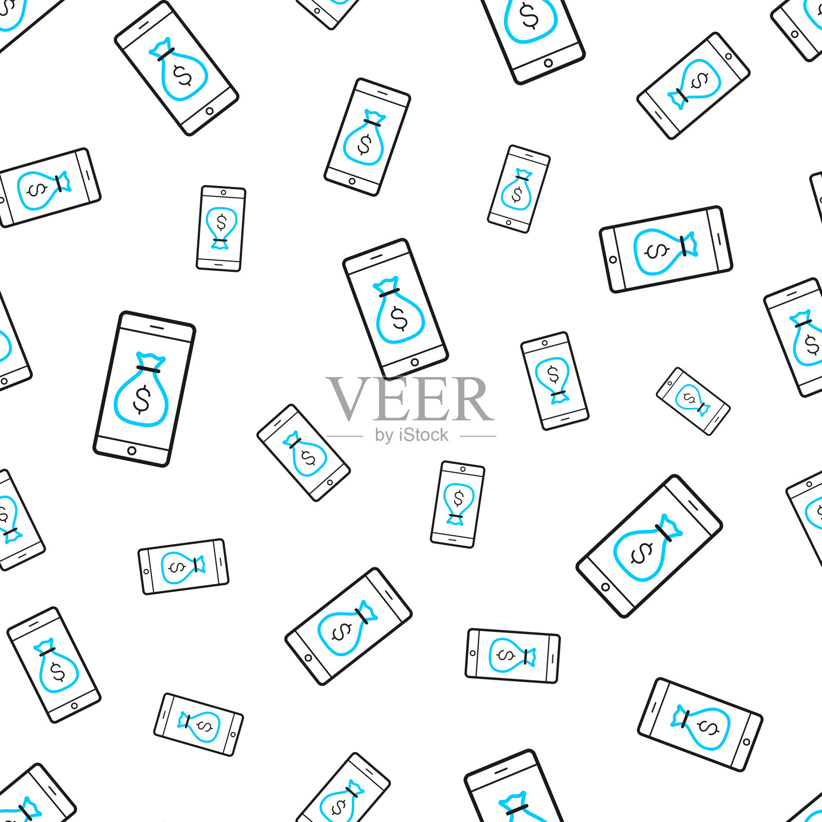 带钱包的智能手机。无缝模式。白色背景上的线条图标插画图片素材