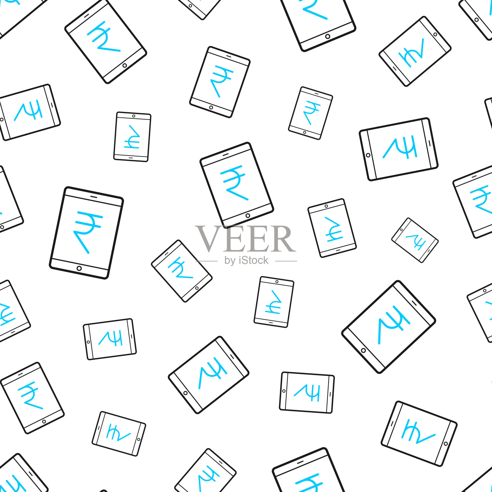 带有印度卢比标志的平板电脑。无缝模式。白色背景上的线条图标插画图片素材