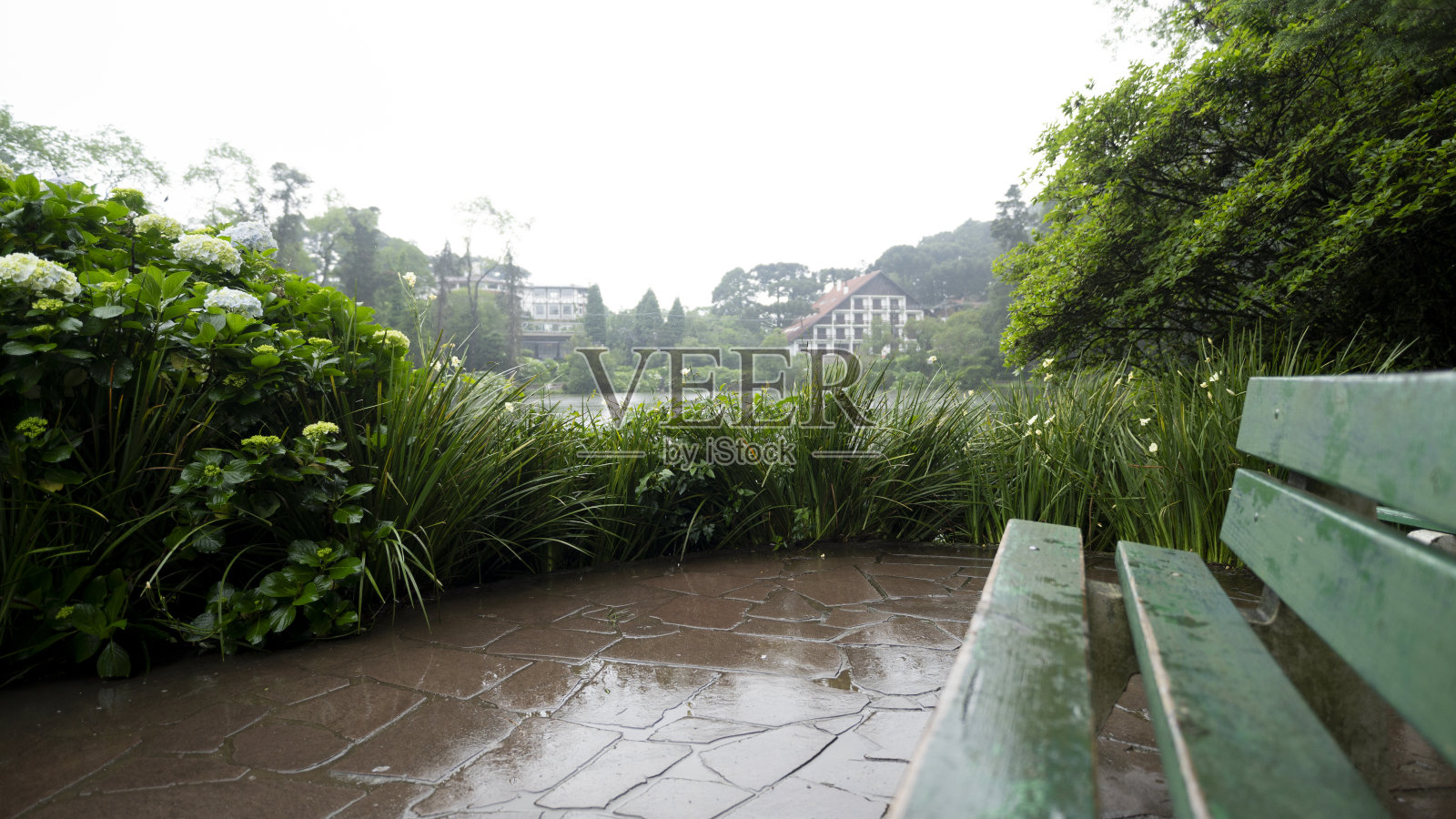 内格罗湖(Lago Negro)被雨水淋湿的木头和混凝土长凳照片摄影图片