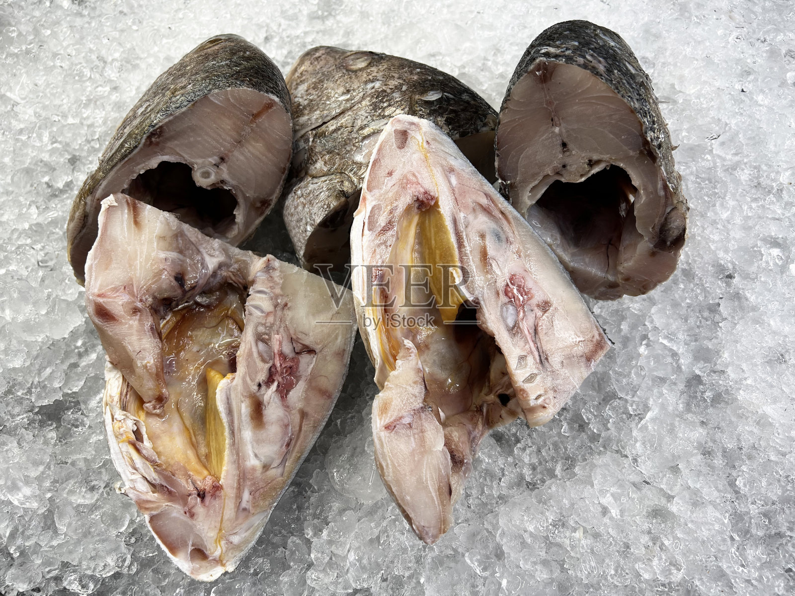 新鲜生冷海鲜白红绿鲷鱼全鱼伊kan头，里脊，肉，切，尾上白冰背景清真美食菜市场菜单餐厅食材设计照片摄影图片