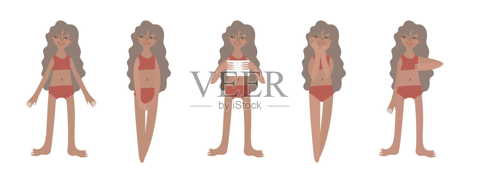 五个穿着泳装的黝黑欧洲女孩。冷静的站立姿势:竖起大拇指，手里拿着一张纸。黝黑的皮肤和金色的头发。矢量插图在平面风格插画图片素材