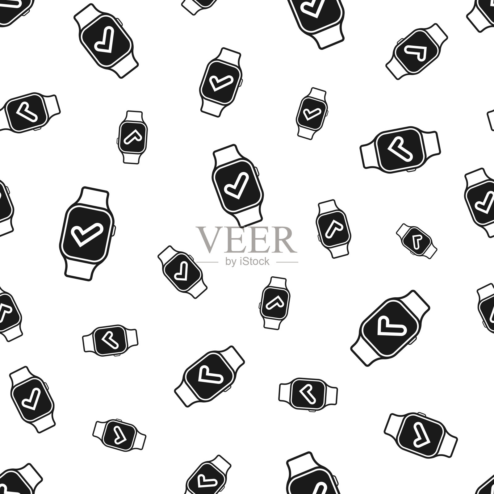 带有复选标记的智能手表。无缝模式。白色背景的图标插画图片素材