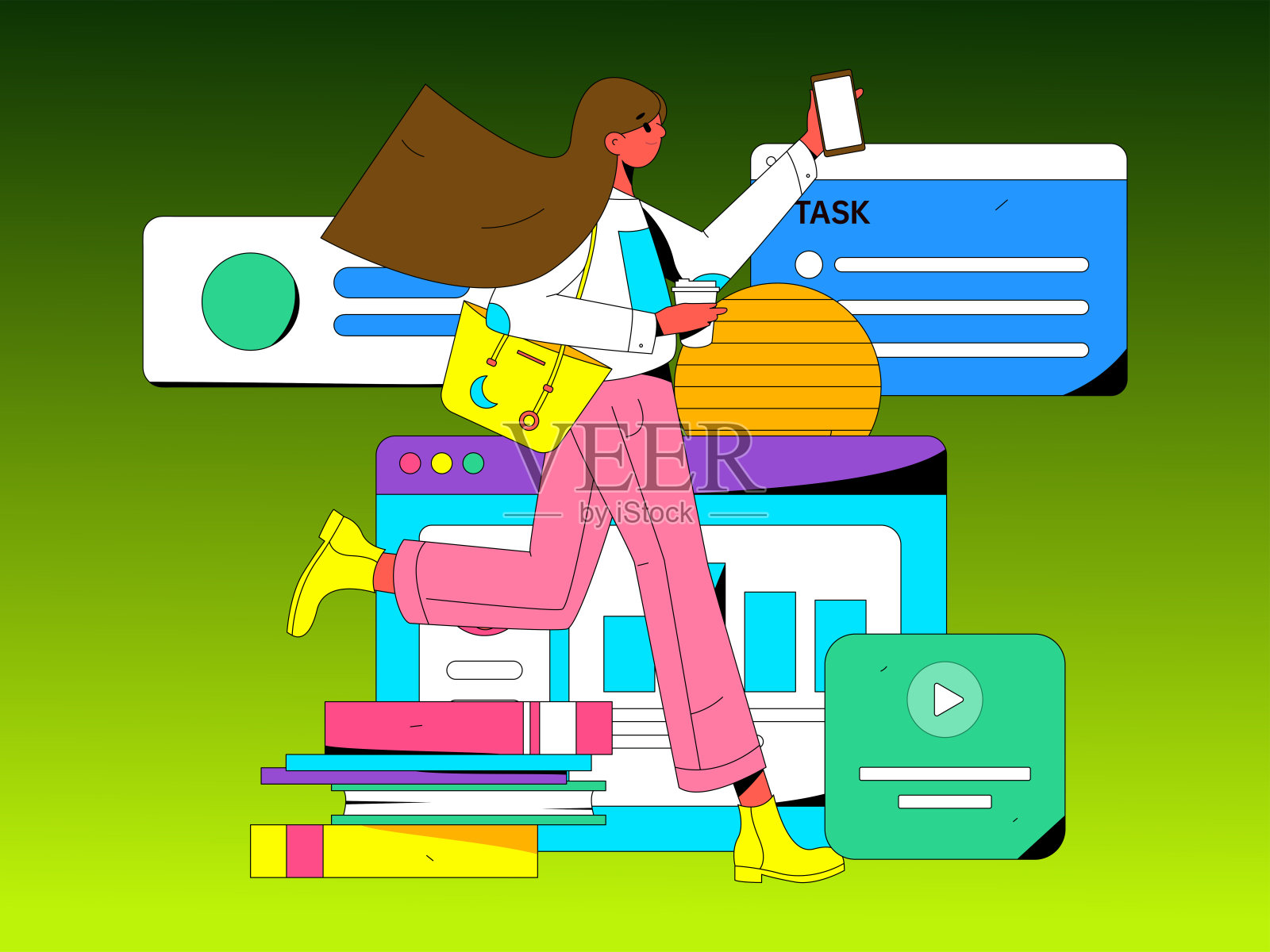 平面矢量插图的业务人员操作的工作场景插画图片素材