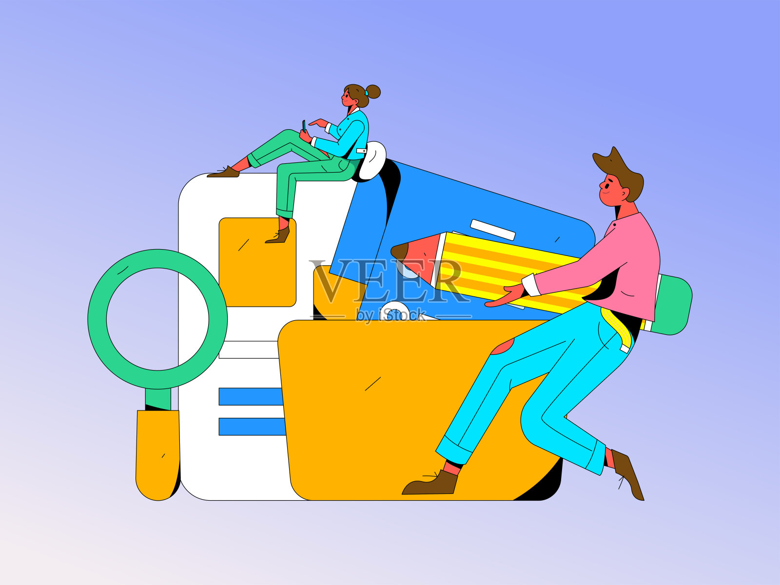 平面矢量插图的业务人员操作的工作场景插画图片素材