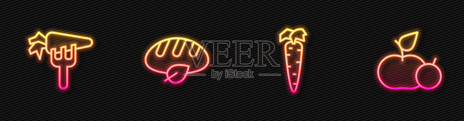 胡萝卜，素食面包和苹果。发光的霓虹灯图标。向量插画图片素材