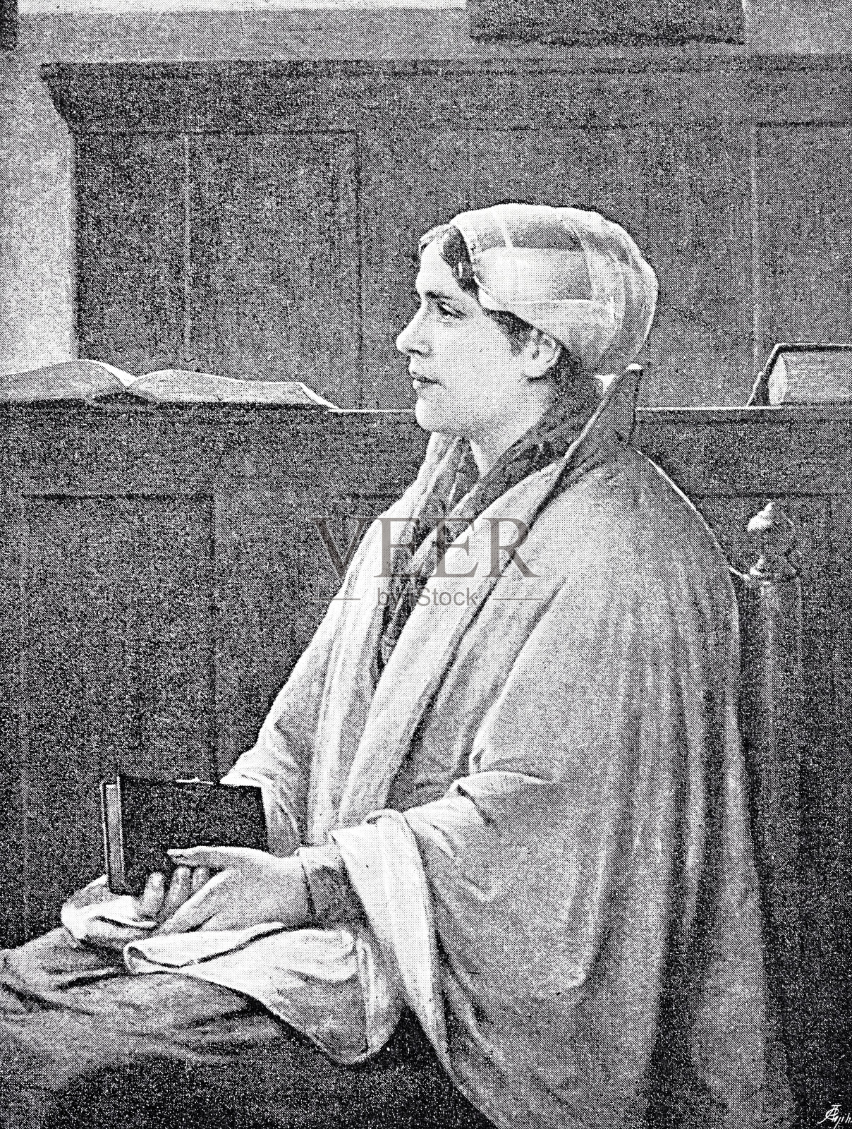 年轻女子坐在教堂里，从侧面看，手里拿着一本歌本插画图片素材