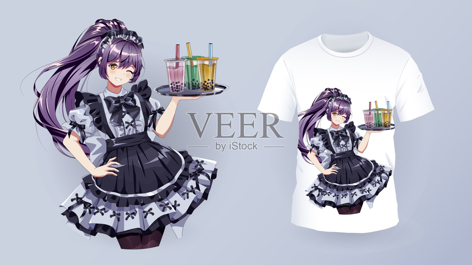 快乐的女仆咖啡馆服务员t恤彩色打印矢量模板插画图片素材