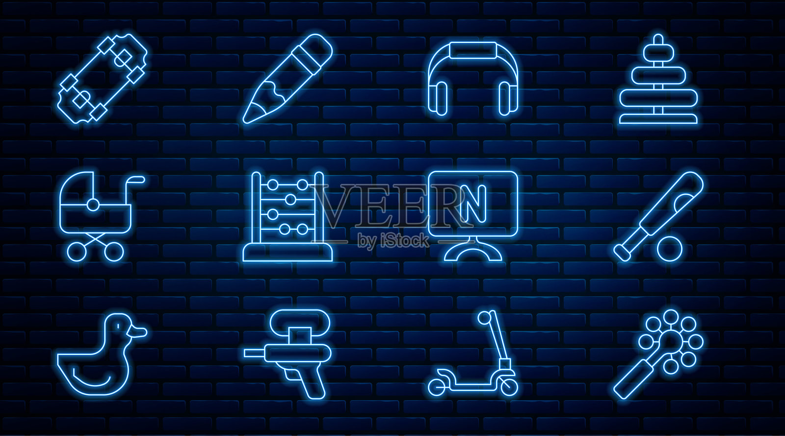 设置线摇铃婴儿玩具，棒球棒与球，耳机，算盘，婴儿推车，滑板，智能电视和铅笔橡皮擦图标。向量插画图片素材