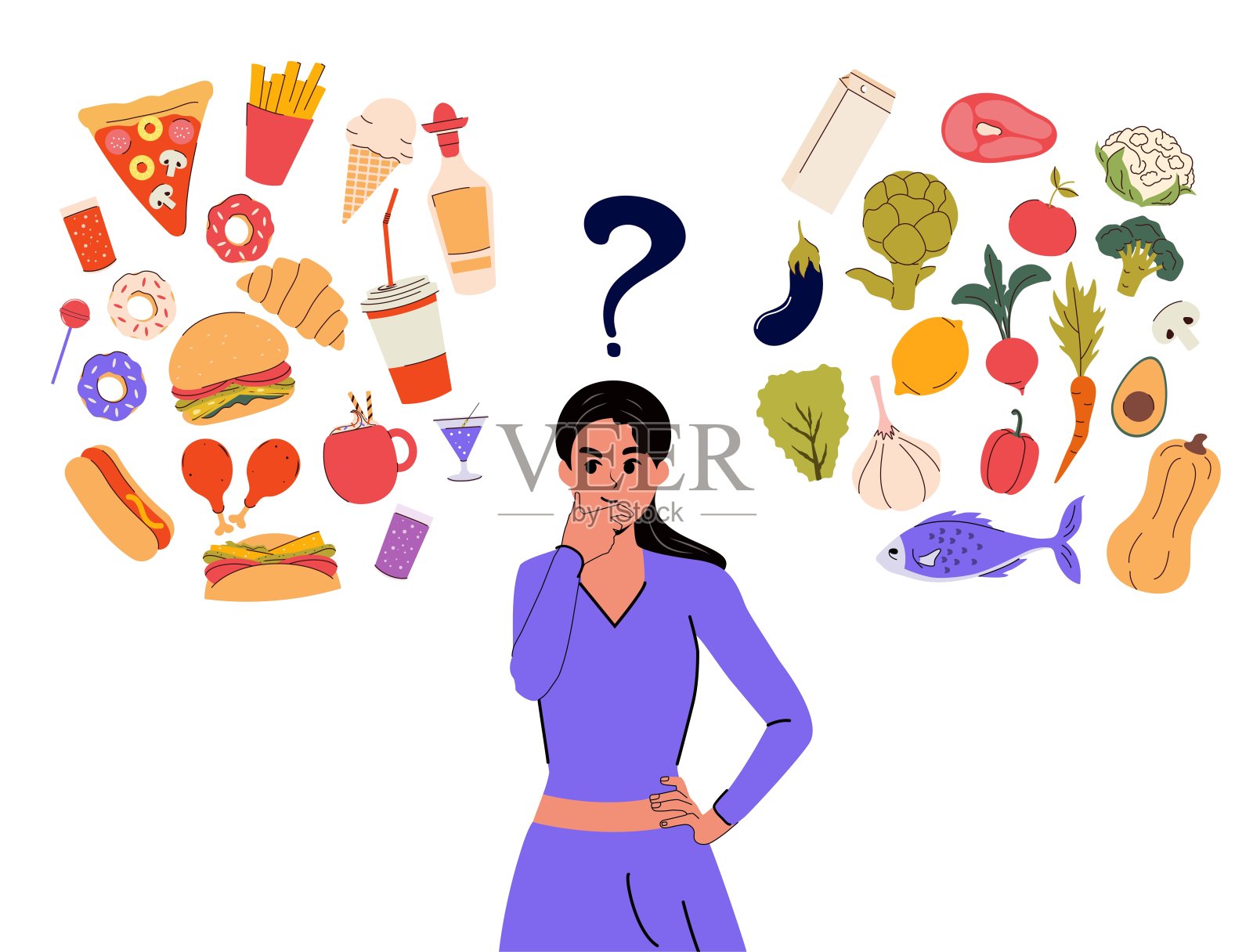 思考女孩和食物的选择插画图片素材