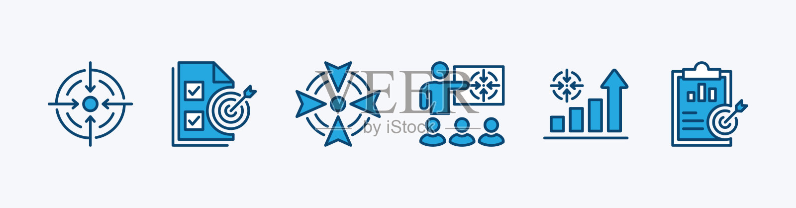 目标图标集。包含策略、分析、计划、目标、进度、任务和目标的图标符号。矢量图插画图片素材